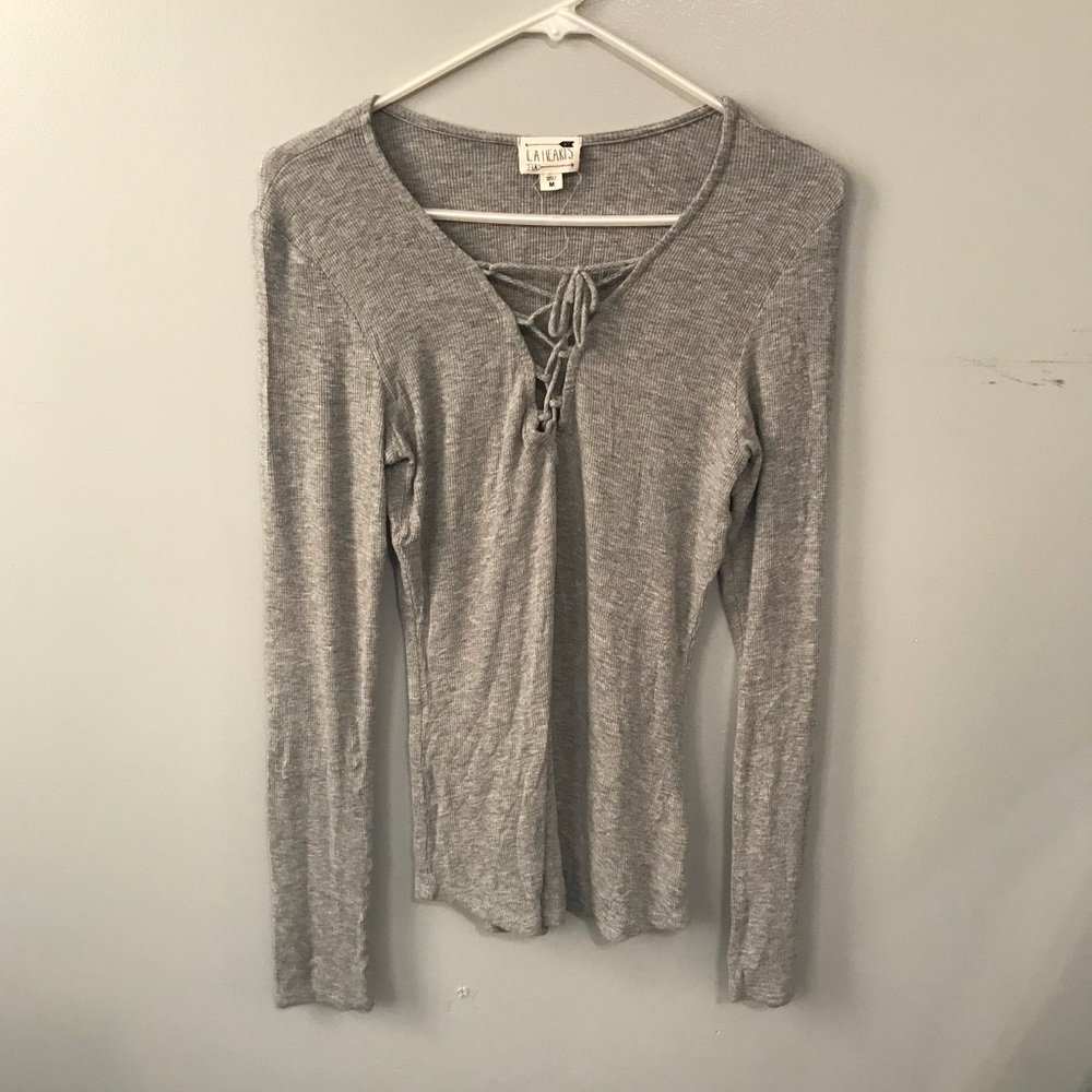 LA hearts long sleeve heather grey tie up shirt
